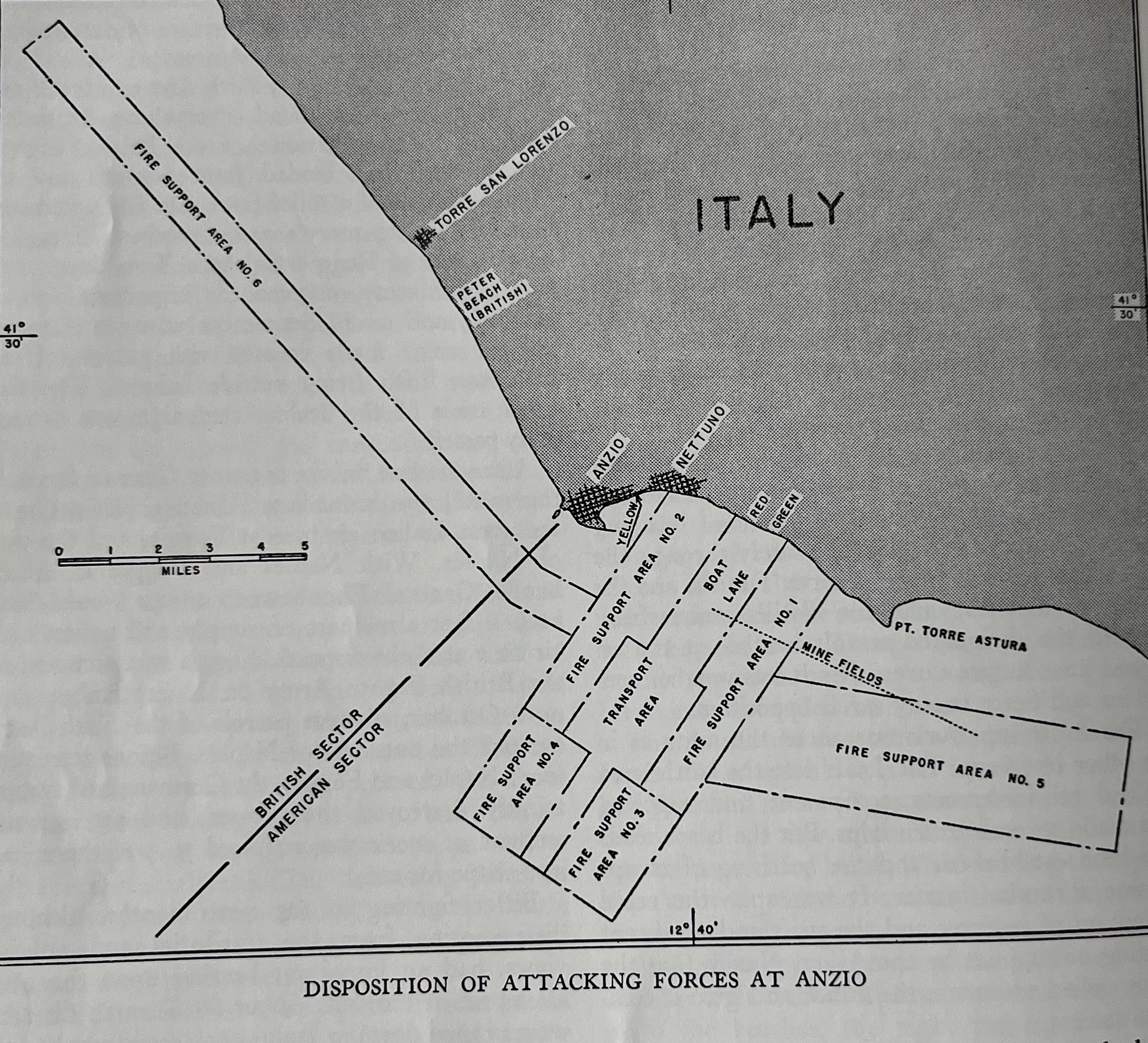 Map showing the disposition of attacking forces at Anzio. (U.S. Coast Guard) Map showing the disposition of attacking forces at Anzio. (U.S. Coast Guard)